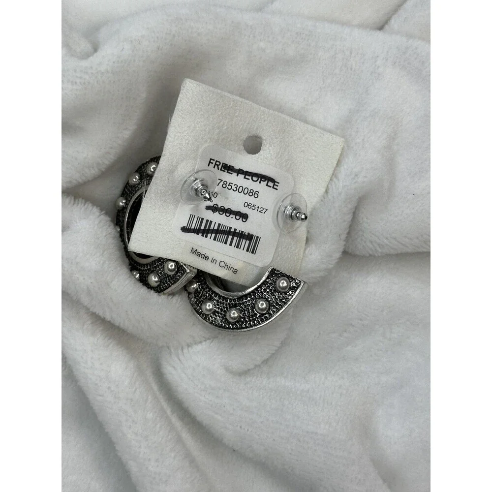 NEW Free People Hoop Earrings Textured Metal Studded Silver Boho Jewelry Set